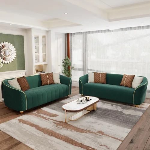 Vista 11 de Sofá de lujo de terciopelo retro de 3 plazas, cómodo sofá biplaza tapizado de terciopelo de 86 pulgadas con patas y almohadas de metal dorado, sofá
