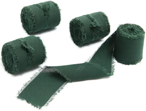 Vista 35 de 4 rollos de 1 pulgada de ancho x 5 yardas de largo, cinta de gasa con flecos hecha a mano, de chifón y seda, con bordes deshilachados