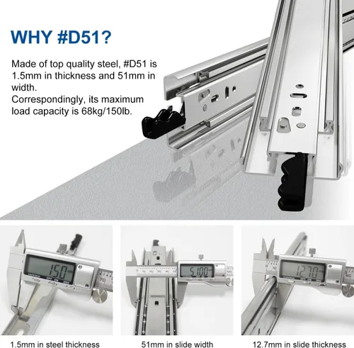Vista 2 de VADANIA Deslizador de cajón resistente de 12" con cierre #VD1551, capacidad de carga de 150 lb, extensión completa de 3 pliegues, cierre