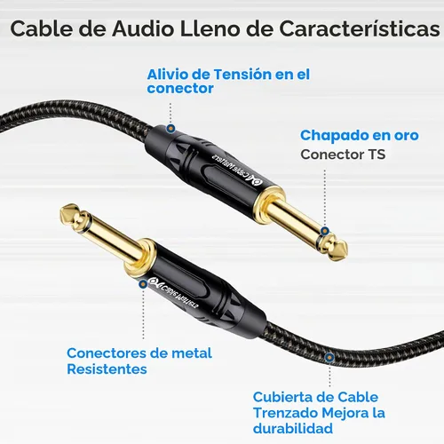 Vista 4 de Cable Matters Paquete de 2 cables trenzados de guitarra TS a TS de 1/4 de pulgada, 3 pies