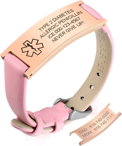 Vista 31 de MPRAINBOW Pulsera de alerta médica personalizada para mujer, correa de reloj de cuero genuino, grabado de doble cara, diabetes, epilepsia, joyería