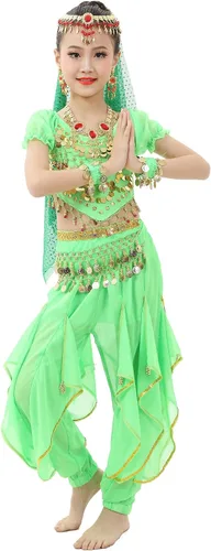 Vista 4 de Astage Girls Belly Dance Costume Short Sleeve Top Skirt Hip Scarf Cosplay All Set Green-b