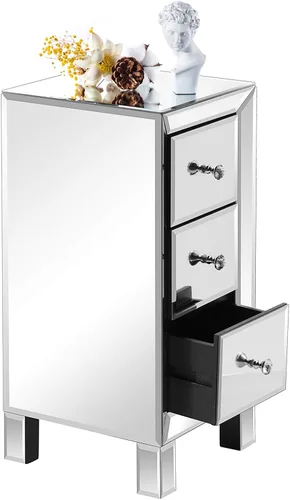Vista 7 de VINGLI Mesita de noche con espejo con 3 cajones, mesa auxiliar plateada con espejo para espacios pequeños, dormitorio, sala de estar