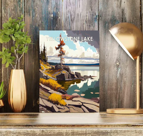 Vista 4 de Yellowstone Lake - Póster impreso artístico, ilustración, arte de pared, decoración de paisaje retro, paisaje, obra de arte para decoración de Lago