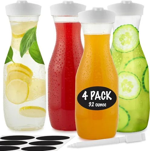 Vista 8 de Jarra de jugo de plástico con tapas (juego de 2) jarras de 32 onzas para barra de mimosa, jarra de bebidas con tapa, botella de agua, recipiente