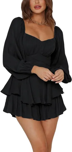 Vista 5 de LYANER - Enterizo con volantes de manga larga estilo farol y con lazo para mujer, rómper corto