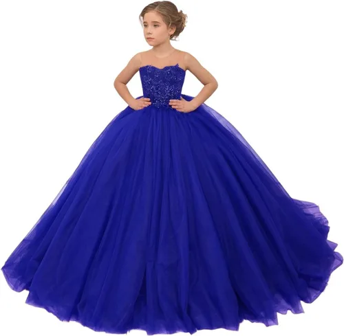 Vista 5 de Precioso vestido de niña de flores de tul para niños de boda con cuentas princesa sin mangas vestidos de baile