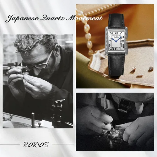Vista 4 de RORIOS Relojes para mujer, cuadrado, analógico, de cuarzo, con correa de cuero, relojes de diamantes para mujer, reloj de pulsera impermeable