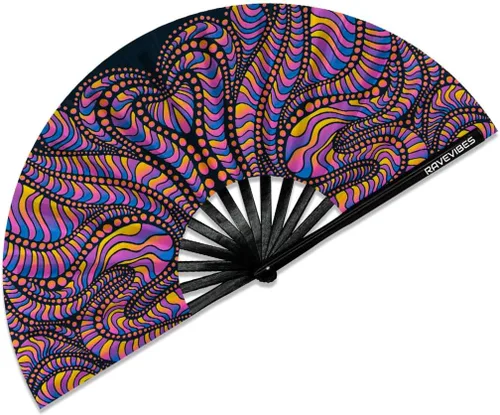 Vista 15 de Ravevibes Ventilador de mano plegable grande de 13 pulgadas, ventilador de bambú para festivales de bambú, ventiladores plegables con brillo UV