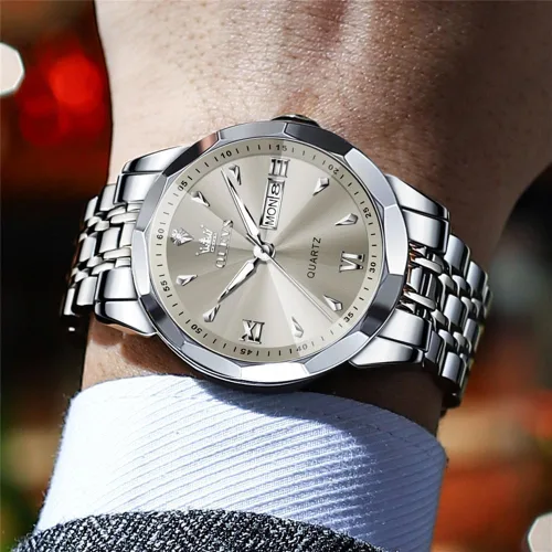 Vista 2 de OLEVS Reloj para hombre de acero inoxidable, cronógrafo, cara grande, fácil de leer, relojes analógicos de cuarzo de lujo, impermeables, con fecha
