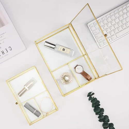 Vista 2 de Organizador de cosméticos, organizador de maquillaje, compartimentos de vidrio, soporte para brochas de maquillaje, caja de cosméticos claridad