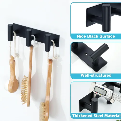 Vista 4 de Alise - Perchero negro para sombreros y abrigos con 3 ganchos para montaje en pared Self Adhesive or Wall Drilling,Wall Hooks for Hanging Robes