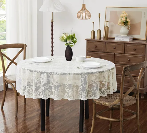 Vista 12 de ASATEX Camino de mesa de encaje de lino dorado de 14 x 36 pulgadas con 2 borlas. El patrón floral clásico y elegante es la opción ideal