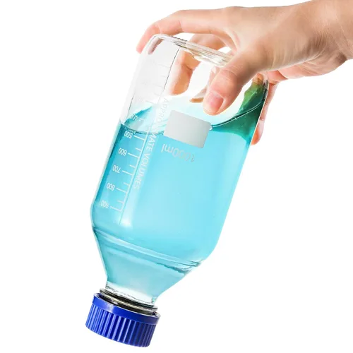 Vista 3 de Yopay Paquete de 4 botellas de vidrio de 33.8 fl oz, botellas de almacenamiento reutilizables con tapa de rosca azul GL45, recipiente redondo