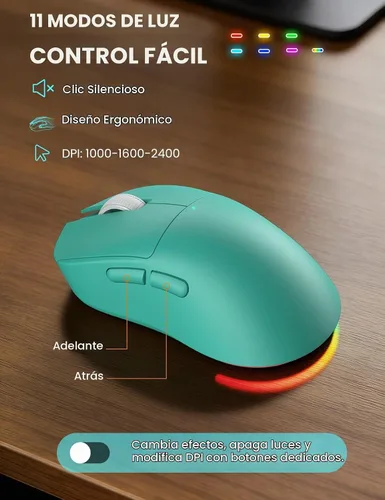 Vista 7 de Teclado y mouse inalámbricos, máquina de escribir retroiluminada con Verde Aqua