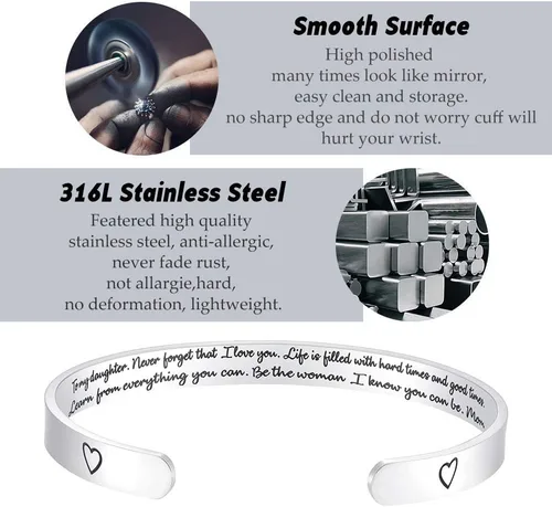 Vista 3 de Fesciory - Brazaletes inspiradores y motivadores para mujer, de acero inoxidable, con grabado personalizable y con texto en inglés Keep Going