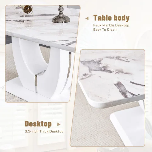Vista 4 de JUFU Juego de mesa de comedor moderno para 4, juego de mesa de cocina rectangular de 63 pulgadas con mesa de mármol sintético y 4 sillas tapizadas