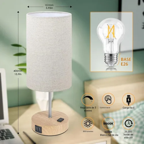 Vista 2 de Lámparas de mesita de noche con 2 puertos de carga USB y salida de CA, juego de 2 mesas de noche con base de madera de control táctil, lámparas Crema