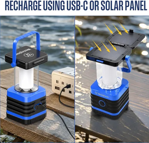 Vista 3 de Linterna solar recargable para campamento, linterna LED de 1000 lúmenes, 5 modos de iluminación, IPX4 resistente al agua para acampar y senderismo