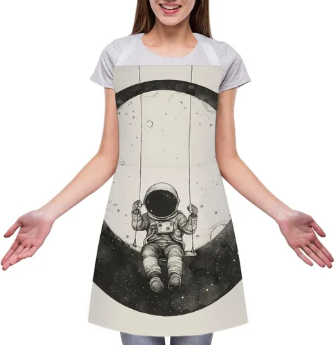 Vista 3 de MUSM Apron for Adults - 27.6 X 31.5 Inch, Heavy-Duty Polyester Aprons with Two Large Pockets, Waterproof On The Moon Swing Kitchen Apron for