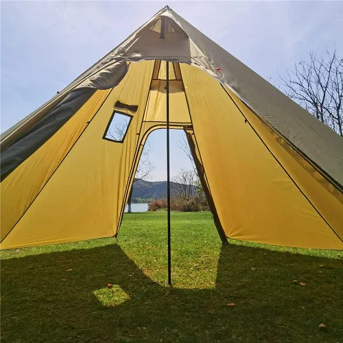 Vista 9 de Tienda caliente ultraligera para 2 personas Tipi con estufa ignífuga Jack para tubos de combustión con 2 puertas, marrón y verde