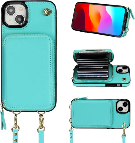 Vista 11 de Bocasal Funda tipo cartera cruzada para iPhone 15 Plus, funda de piel con bloqueo RFID y soporte para tarjetas, funda protectora con cremallera