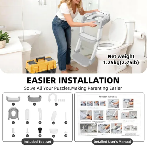Vista 7 de Asiento de entrenamiento para ir al baño, asiento de inodoro mejorado para niños y niñas, inodoro de entrenamiento 3 en 1 con taburete escalonado