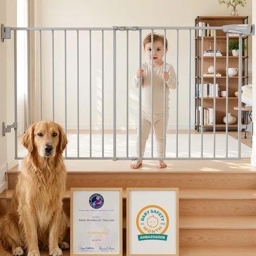 Vista 24 de Babelio Puerta de seguridad para bebés para escaleras, cocina y puertas, sin barra inferior, fácil instalación, operación con una sola mano, cierre