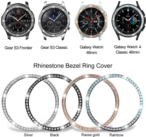 Vista 4 de DEALELE Fundas para Samsung S3 Frontier/Classic/Galaxy Watch 4/4 Classic, Rhinestone Diamond Steel Watch Face Bezel Rings (negro)