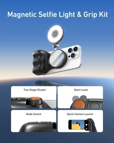 Vista 7 de TELESIN Fun Shot Agarre Magnético para Cámara de Teléfono + Kit Creador de Luz Magnética para Selfie C03 Compatible con iPhone Magsafe y Android