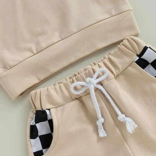 Vista 5 de Conjunto de ropa de verano para bebé niño y niño, diseño a cuadros, manga corta, sudadera con capucha y pantalones cortos casuales