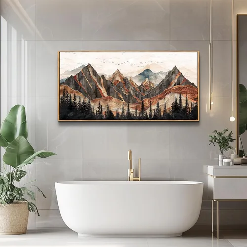 Vista 7 de XIGUANGART Arte de pared enmarcado de montaña, decoración de pared de montañas horizontales largas, pintura de pared de naturaleza de pinos