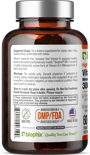 Vista 9 de biophix Vitamina K2 MK-7 300mcg, 60 cápsulas veganas - Suplemento de alta potencia para la fuerza ósea y la salud inmunológica