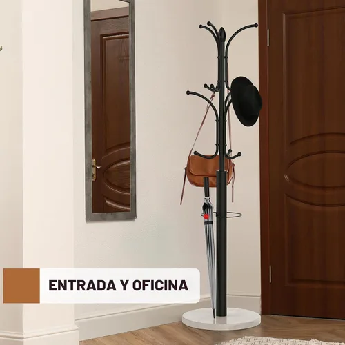 Vista 5 de Perchero Independiente, Perchero con 12 Ganchos con Base de Mármol Natural y Soporte para Paraguas, Perchero de Fácil Montaje para Colgar Bufanda