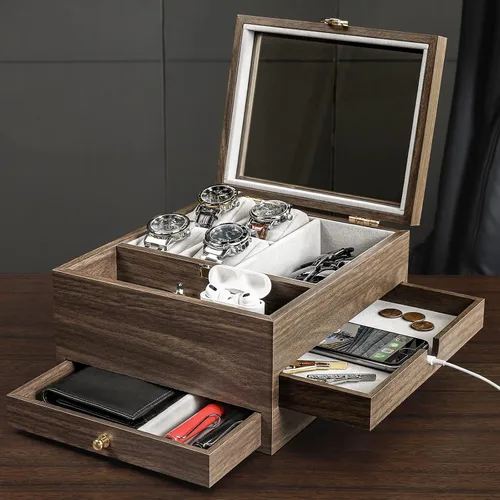 Vista 9 de Homde Paquete organizador de joyería una caja de exhibición de joyas con colgador de reloj y una caja de reloj con estación de carga para smartphone