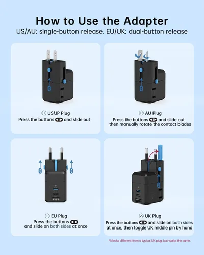 Vista 8 de BEONDON Adaptador de viaje universal, cargador USB-C de 25 W, enchufes de negro (Black-25)