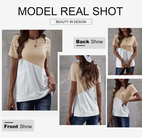 Vista 3 de Biucly - Camiseta informal y holgada para mujer, diseño de cuello redondo y manga corta