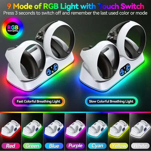 Vista 3 de Estación de carga PSVR 2 con luz RGB, PSVR 2 accesorios base de carga y pantalla de auriculares PSVR2, soporte PSVR 2 con interruptor táctil