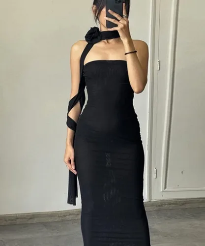Vista 3 de Vestido de tubo sexy con volantes para mujer, vestido halter sin tirantes, con borlas florales irregulares