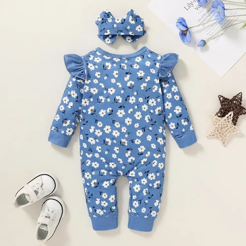 Vista 3 de CBHAIBLYD Ropa para bebé recién nacida, mameluco con volantes, manga larga, floral, traje de otoño con diadema