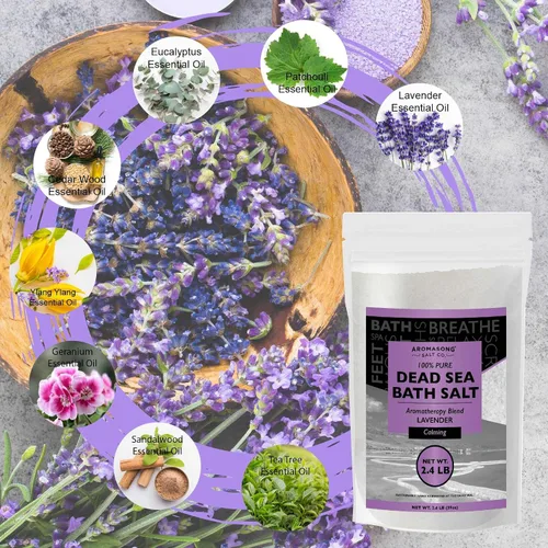 Vista 7 de Aromasong Sal pura del mar muerto para remojar con lavanda 100% natural, 2.43 libras, sal de baño de spa de grano fino, exfoliante de lavado