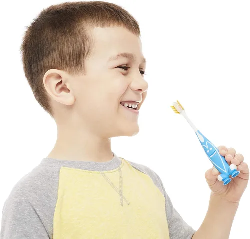 Vista 4 de Ooak Cepillo de dientes para niños, cerdas cónicas V++Max, cara feliz, azul, 2 unidades happy face