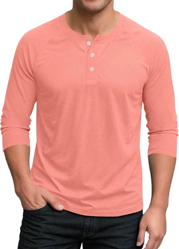 Vista 15 de Ctreela Camiseta Henley de manga 3/4 para hombre, estilo casual, ajustada, color sólido, manga larga, camiseta de béisbol