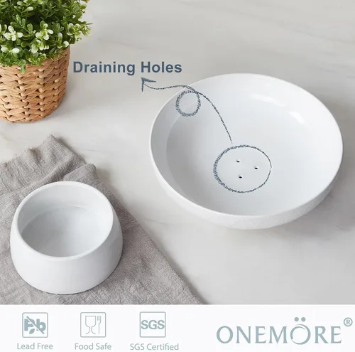 Vista 4 de ONEMORE Frutero de cerámica de 10 pulgadas, tazón grande de pedestal blanco con diseño de patas extraíbles y agujeros de drenaje para encimera