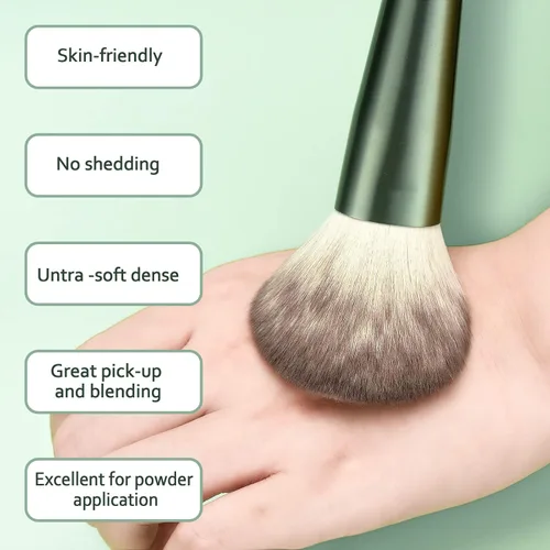 Vista 4 de HEYMKGO Juego de 11 brochas de maquillaje verdes con 16 brochas de maquillaje azules, profesionales suaves y densos para mezclar pulir contornos