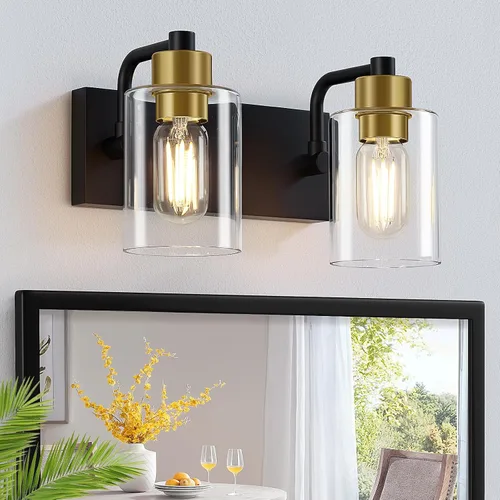 Vista 9 de Dpyrrhic Luces de Baño Negras Mate de 2 Luces Sobre Espejo con Pantalla de Vidrio Transparente, Luminarias Modernas de Baño para Cocina, Sala
