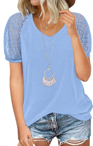 Vista 14 de MIHOLL - Blusa de manga corta con cuello en V y encaje para mujer, estilo casual holgado 01_ Negro