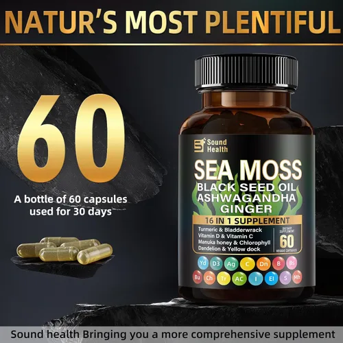 Vista 3 de Cápsulas de musgo marino con Ashwagandha, cúrcuma, vejiga, vitaminas C y D para energía natural, apoyo para el sueño y crecimiento del cabello