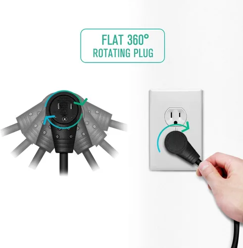 Vista 3 de Nekteck - Cable de extensión de 1 pie de enchufe plano giratorio de 360°, cable de alimentación de 3 clavijas 14AWG/15A, cable de alimentación