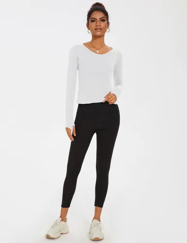 Vista 6 de LUYAA Camisetas cortas de entrenamiento para mujer, de manga larga, para gimnasio, atlética, de compresión, ajustadas, básicas